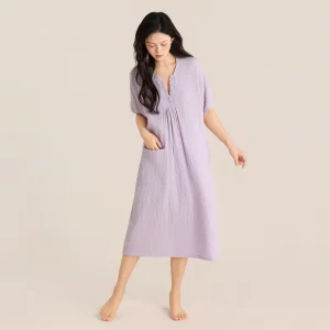 New Women’s Cotton V Neck Short Sleeve Long Nightgown With Robe Double Layer Gauze Loose Fit Loungewear