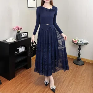 New Women’s Elegant Dress with Stretch Long Sleeves Lace Trim Polyester Miyake Pleated Dress