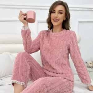 New Women’s Flannel Pajama Set Winter Thermal Sleepwear Cable Knit Pattern Fleece Loungewear