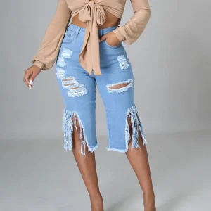 New Women’s High Stretch Capri Length Ripped Jeans Breathable Denim Embroidered Tassel Design Street Fashion Style Size 2XL