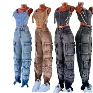 New Women’s High Waisted Loose Vintage Breathable Summer Cargo Jeans Multi Pocket Hole Washed Denim Pants Streetwear Daily