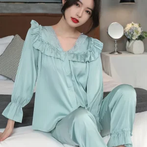 New Women’s Ice Silk Long Sleeve Spring Autumn Lightweight Casual Loungewear Set