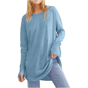 New Women’s Loose Round Neck Long Sleeve Top with Side Slit Thumb Hole Design Comfortable Skin-friendly Casual Long T-shirt