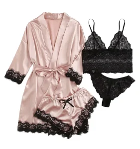 New Women’s Pajamas Set Lace Satin Suspender Nightdress Female Summer Suit with Nightgown Nightdress