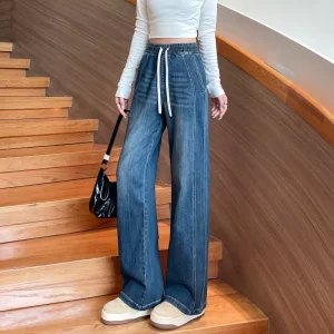 New Women’s Plus Size Narrow Straight Waist Long Leg Loose Draped Dark Blue Jeans