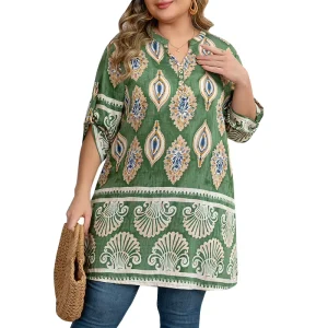 New Women’s Plus-size Casual Shirt Three colors Elegant Mature Daily Outfit V-neck Three-quarter Sleeves Position-print Blouse