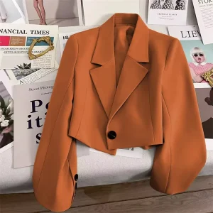 New Women’s Solid Pattern Short Jacket Top Single Button Lapel Collar Woven Small Blazer Coat