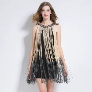 New Women’s Sparkly Ombre Tassel Halter Dress Sleeveless Chain O-Neck Club Party Mini Dress for Night Out