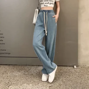 New Women’s Spring Summer High Waist Loose Wide Leg Floor Length Jeans Washed Denim Pants