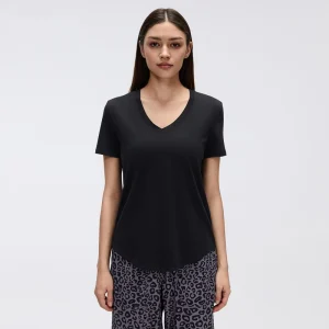 New Women’s V-Neck Short Sleeve Yoga Tops Lightweight Curved Hem Casual T-Shirt