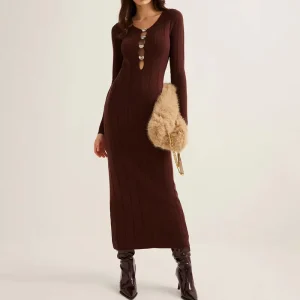 New Women’s Woolen Autumn Natural Waist Elegant Solid Color V-neck Slim-fit Long Sleeve Hip Knitted Dress