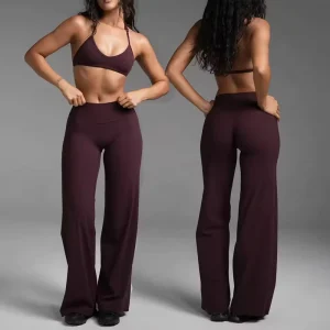 New Yoga Fitness Workout Gym Active Wear Women’s Solid Backless Halter Neck Sports Bra Flare Leggings 2 Piece Set Custom