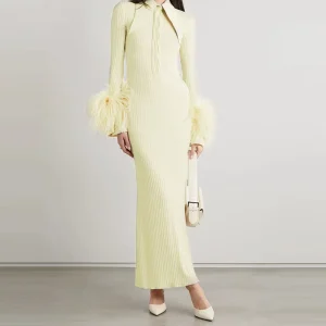 Newest FW Designer Fashion Women’s Feather Trim Rib Knit Super Long Dress