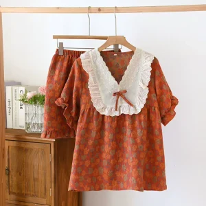 Nice Design Women’s 100% Muslin Cotton Sleepwear Good Quality Short Sleeves Woven for Autumn and Spring Seasons