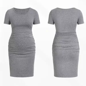 Nice Quality Women’s Short Sleeve Maternity Dress Ruched Pregnancy Clothes Belly Support Woven Crew Neck Waist Controlled Autumn