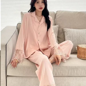 Nightgown Satin Silk Pajamas Set Luxury Pijamas Woman Pijama Pink Long Sleeve Solid Lace Homewear Ladies Sleepwear