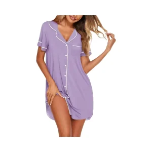 Nightgowns for Women Bamboo Viscose Sleep Shirts Button Down Night Shirt Short Sleeve Boyfriend Pajama Dress