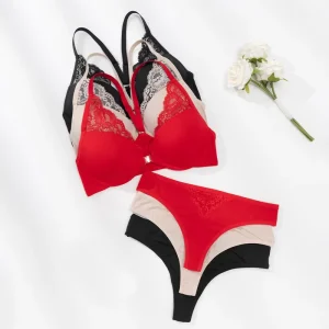 Nylon Spandex Material Women’s Sexy Lace Underwire Bra Panty Set Waist Detail Push Up Front Closure Thong Panties Eco Friendly