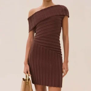 ODM Manufacturer Women’s Sleeveless Solid Empire Waist Mini Dress Off Shoulder Ruched Short Fashion Sheath Party Ribbed Knit