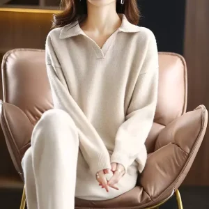 ODM/OEM Italian Luxury Ladies’ Cashmere/Wool Home Wear Sets Cashmere Knitted Sweater & Pants Two Piece Loungewar Set For Women