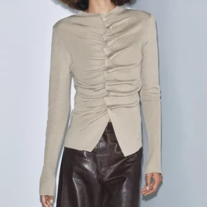 OEM Custom Casual Fashionable Women’s Beige Asymmetric Long Sleeve Winter Knit Sweater