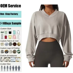 OEM Custom Clothing Manufacturers Women’s V-neck Pullover Oversized Workout Sweatshirts Hoodies Blank Cropped Sports Hoodie