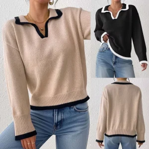 OEM Custom Color Block Polo Collar Women’s Pullover Sweater Knitwear for Europe & America