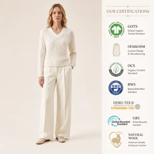 OEM Custom Hollow Out Crochet V Neck Mercerized Cotton Solid Soft Women Knitted Sweater