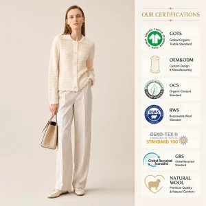 OEM Custom Hollow Out Polo Neck Mercerized Cotton Solid Soft Breathable Women Knit Cardigan Sweater