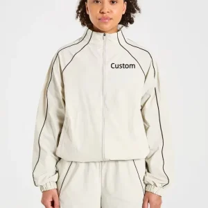 OEM Custom Logo Women’s Bomber Jacket Windproof Zip Up Stand Collar Contrast Piping Casual Outerwear Nylon Acrylic