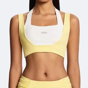 OEM Custom New Arrival Color Block Square Neck Halter Layered Design Soft Stretch Removable Pads Slim Fit Fitness Sport Bra