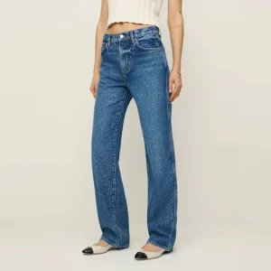 OEM Custom Organic Cotton Indigo Stretch Straight Leg Denim Pants Trouser with Metal Zipper Comfort Fit Retro Women’s Jeans