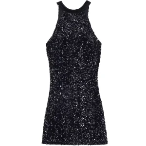 OEM Custom Sparkly Elegant Black Velvet Party Dress Women’s Sequin Lace up Halter Mini Prom Dress Evening Dresses