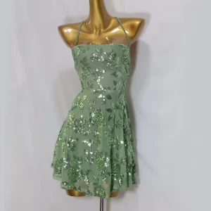 OEM Custom Sparkly Women’s Cutout Backless Mini Dress Green Sleeveless Full Sequin Floral Spaghetti Straps Dress Sexy Club Party