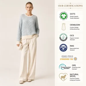 OEM Custom Striped Crew Neck Waffle Knit Cotton Wool Blend Loose Soft Women Knitted Sweater