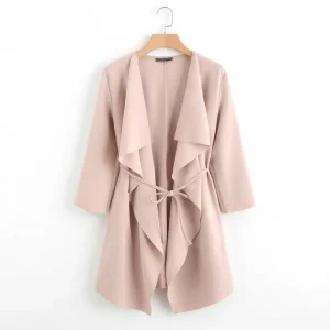 OEM Custom Waterfall Collar Pocket Front Wrap Casual Fleece Jacket Peach Knee Length Belted Office Women’s Coat