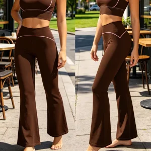 OEM Custom Women Brown Yoga Pants Flared Leggings High Waist Pink Piping Athletic Workout Bootcut Private Label Gear
