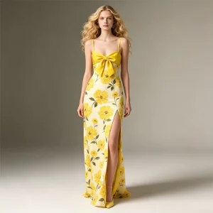 OEM Custom Women’s Casual Summer Dresses Yellow Floral Print Spaghetti Strap Bow Front High Slit Maxi Dress for Women Dress