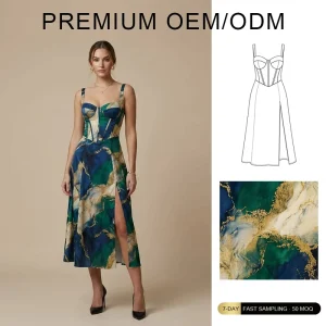 OEM Custom Women’s Dresses Elegant Spaghetti Strap Slim Waist Pleated Print Wedding Beach Occasions Dresses