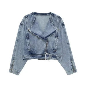 OEM Custom Women’s Vintage Washed Denim Zipper Fly Motorcycle Jacket Short Stripe Waterproof Crop Top