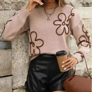 OEM Customized Casual Women’s Regular Knitted Nylon Cotton Sweater Top Crew Neck Pullover Front Logo Anti-Pilling Breathable