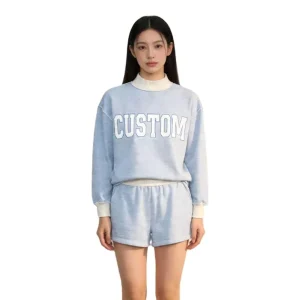 OEM Customized Print Stripe Sequin Women’s 2 Piece Outfits Casual Crewneck Loose Fit Sweatshirt Shorts Lounge Set Sweatsuits