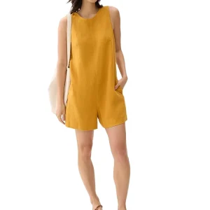 OEM Elegant Yellow Rayon Linen Short Romper With Pockets Women’s Summer Casual Short Jumpsuit