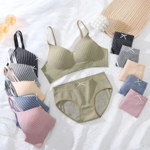 OEM Factory Wire Free Everyday Seamless Fixed Cup Bra Set Color Matching with Adjustable Back Strap Breathable Bra Briefs Set