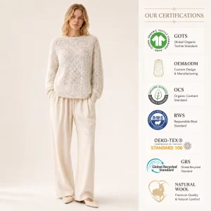 OEM Hollow Out Crochet Crew Neck Floral Pattern Wool Alpaca Cashmere Blend Women Knitted Sweater