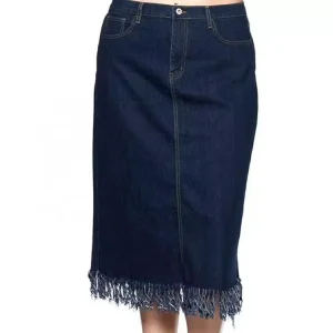 OEM Ladies Plus Size Knee Length High Waist Denim Skirts Women’s Midi Jeans Skirt With Fringed Bottom