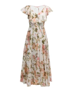 OEM Lady Elegant Dress V neck Flutter Sleeve Cut out Back Ruffle Floral Print Casual Dress Maxi Women’s Dresses