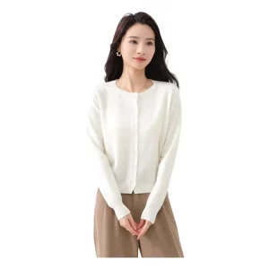 OEM Lady Sweater Cardigans Women’s Solid Woolen Plain Anti Wrinkle Casual Sweater O Neck Cardigans