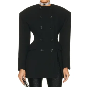 OEM Long Sleeve O neck Double Breasted Front Split Slim Waist Jacket Women