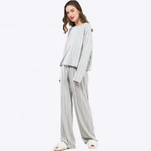 OEM Loungewear Women’s Sleepwear Pajamas Set Lounge Wear Brushed Knit Round Neck Pullover Loungewear Leisure Suit